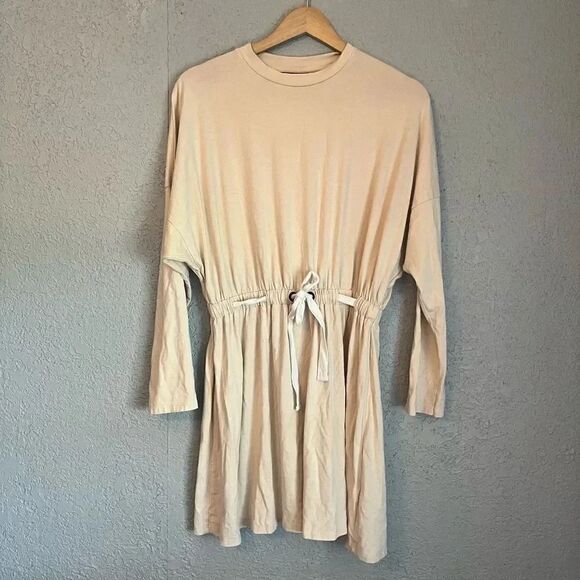 Topshop Womens LongSleeve Mini Tie Dress Size 6 Cream Stretch Oversized - Picture 1 of 3